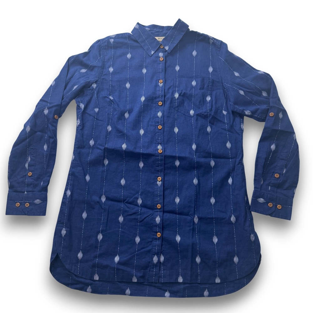 Duluth Trading Co Womens XS Blue Hemp Organic Cotton Ikat Button Down Shirt